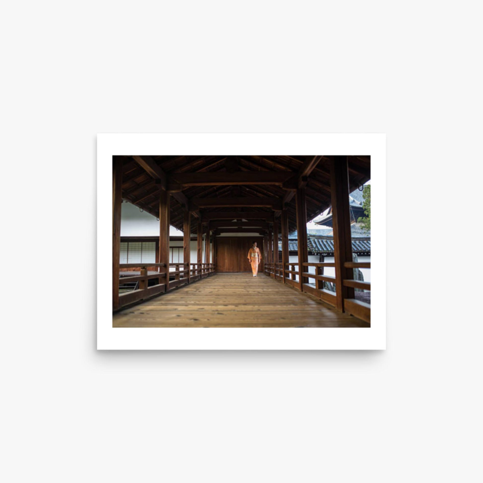 Woman in a kimono walking through a temple corridor 12x16 in Poster