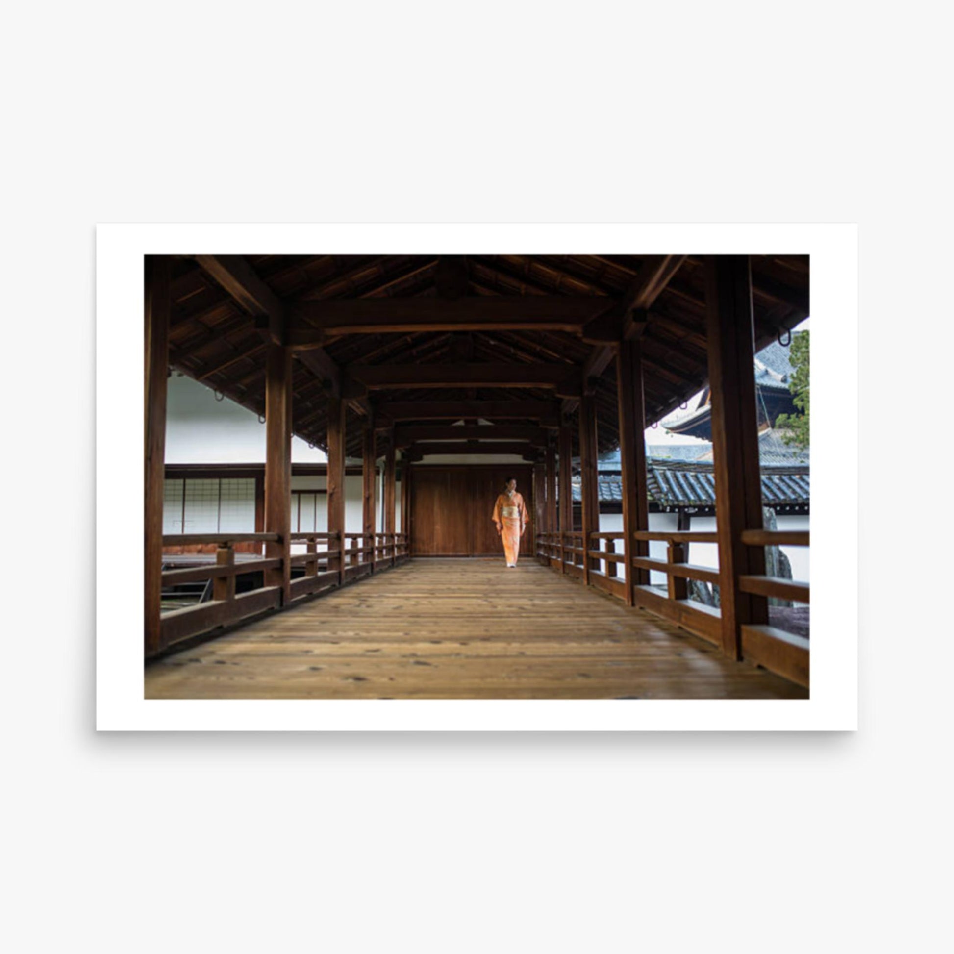 Woman in a kimono walking through a temple corridor 24x36 in Poster