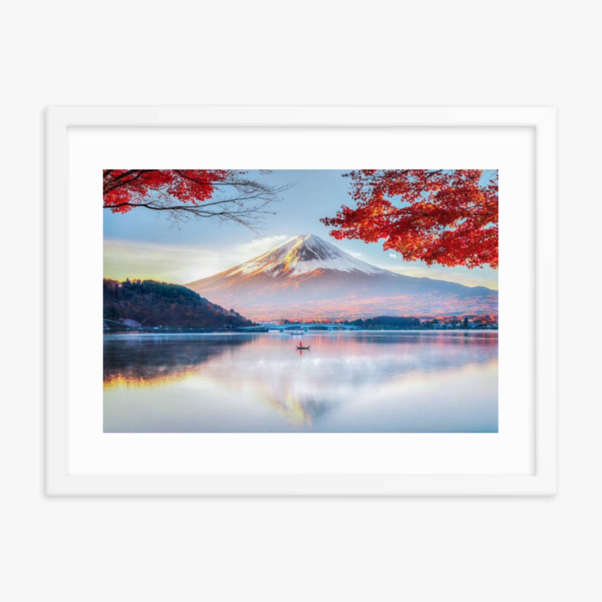 Fuji Mountain , Red Maple Tree and Fisherman Boat with Morning Mist in Autumn, Kawaguchiko Lake, Japan 18x24 in Poster With White Frame