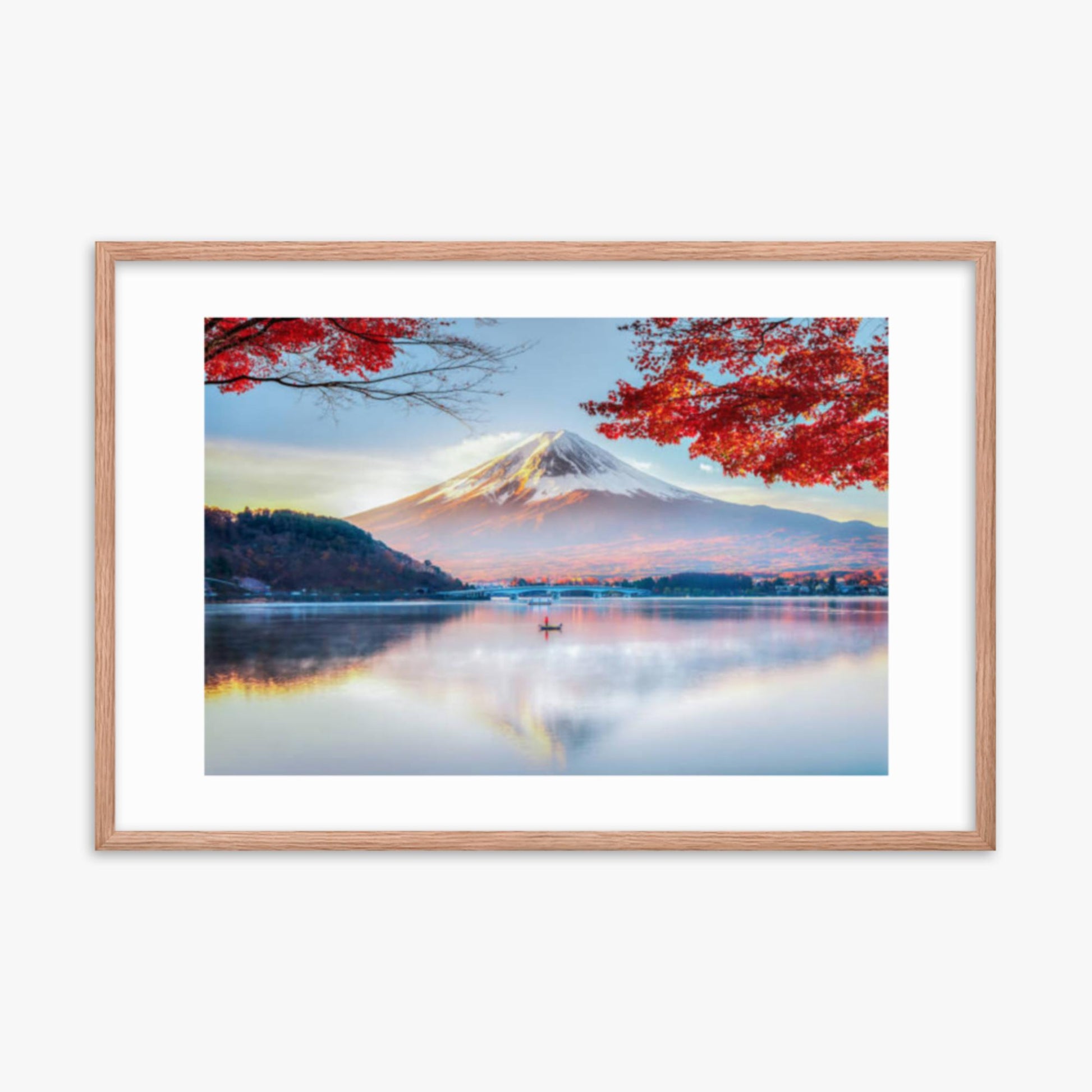 Fuji Mountain , Red Maple Tree and Fisherman Boat with Morning Mist in Autumn, Kawaguchiko Lake, Japan 24x36 in Poster With Oak Frame