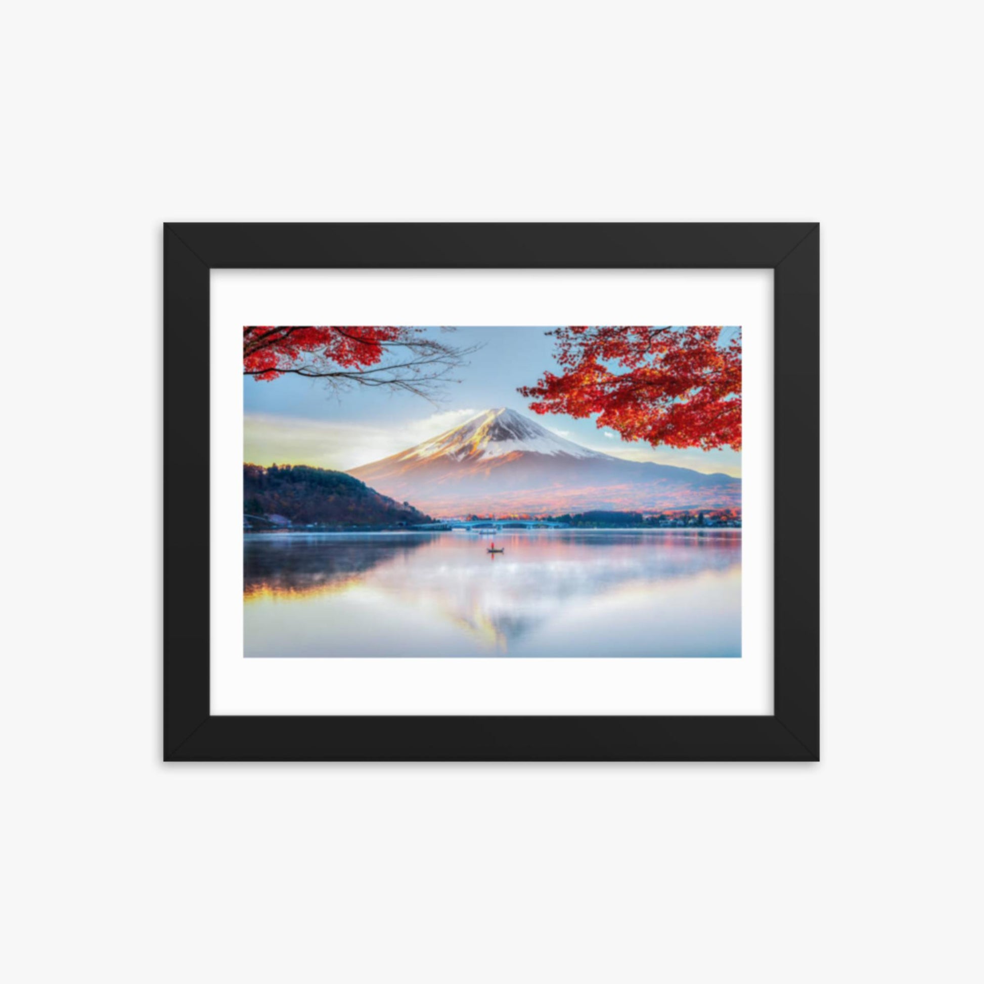 Fuji Mountain , Red Maple Tree and Fisherman Boat with Morning Mist in Autumn, Kawaguchiko Lake, Japan 8x10 in Poster With Black Frame