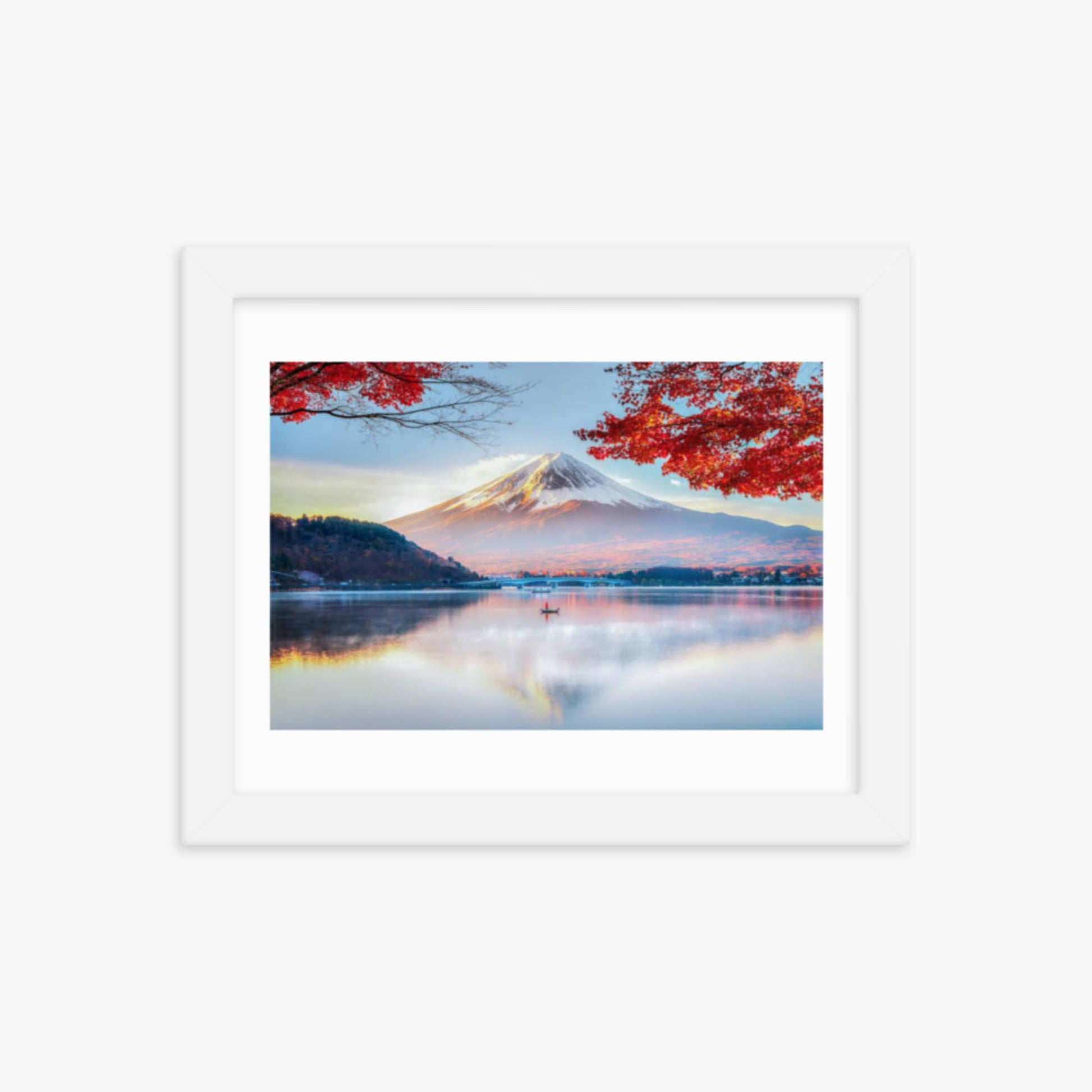 Fuji Mountain , Red Maple Tree and Fisherman Boat with Morning Mist in Autumn, Kawaguchiko Lake, Japan 8x10 in Poster With White Frame