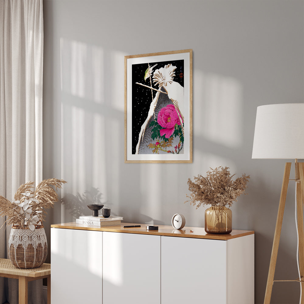 Interior Design Concept: Siberian Bluechat Next to a Peony (Ohara Koson)