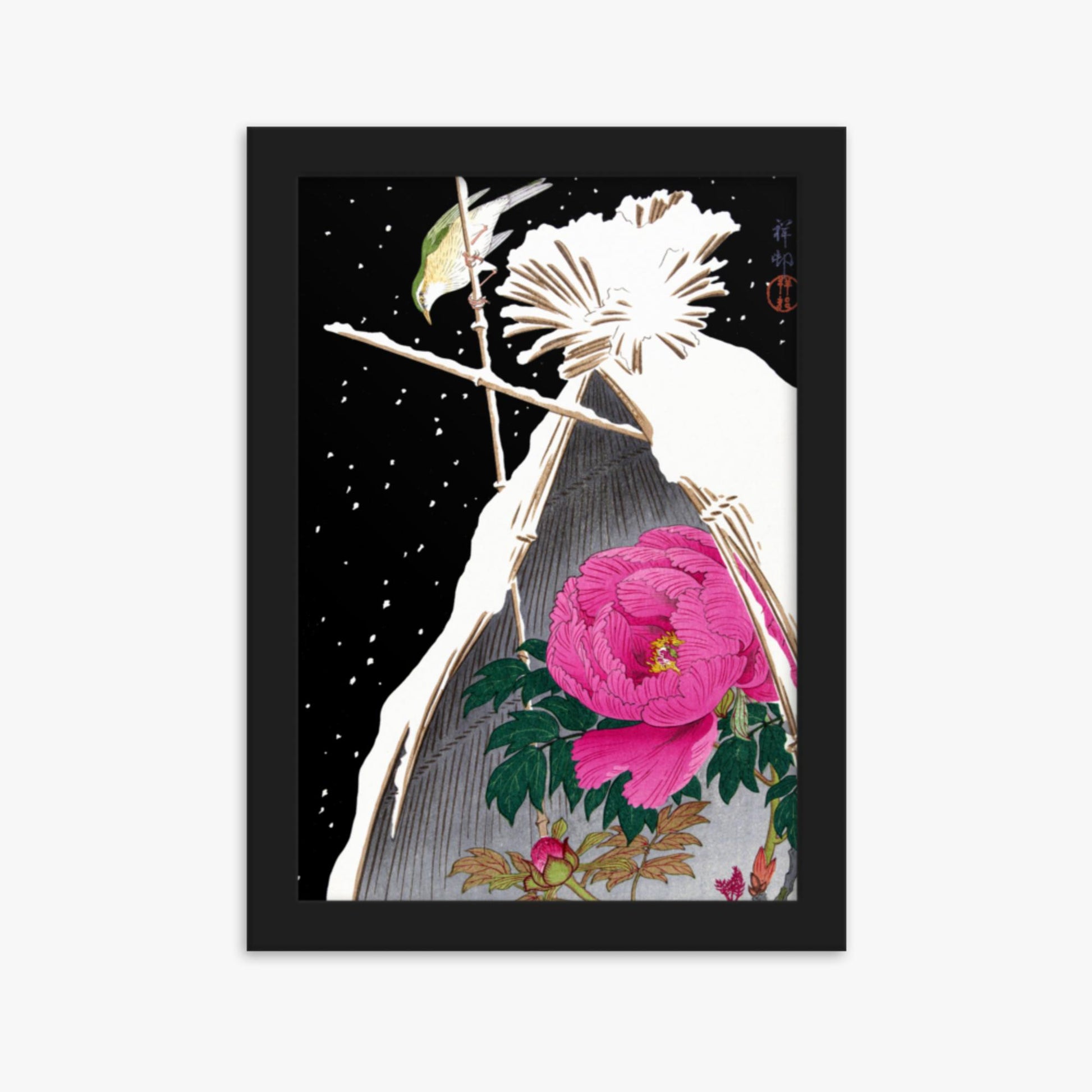 Ohara Koson - Siberian Bluechat Next to a Peony 21x30 cm Poster With Black Frame