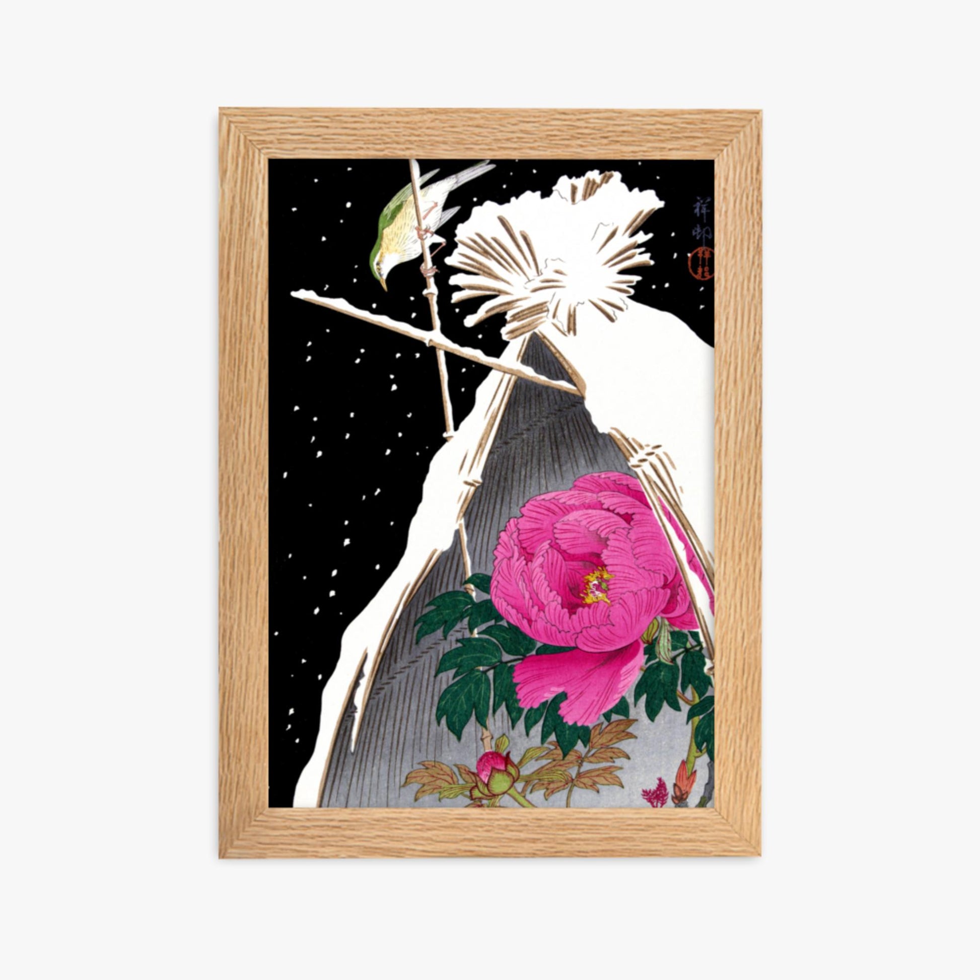 Ohara Koson - Siberian Bluechat Next to a Peony 21x30 cm Poster With Oak Frame