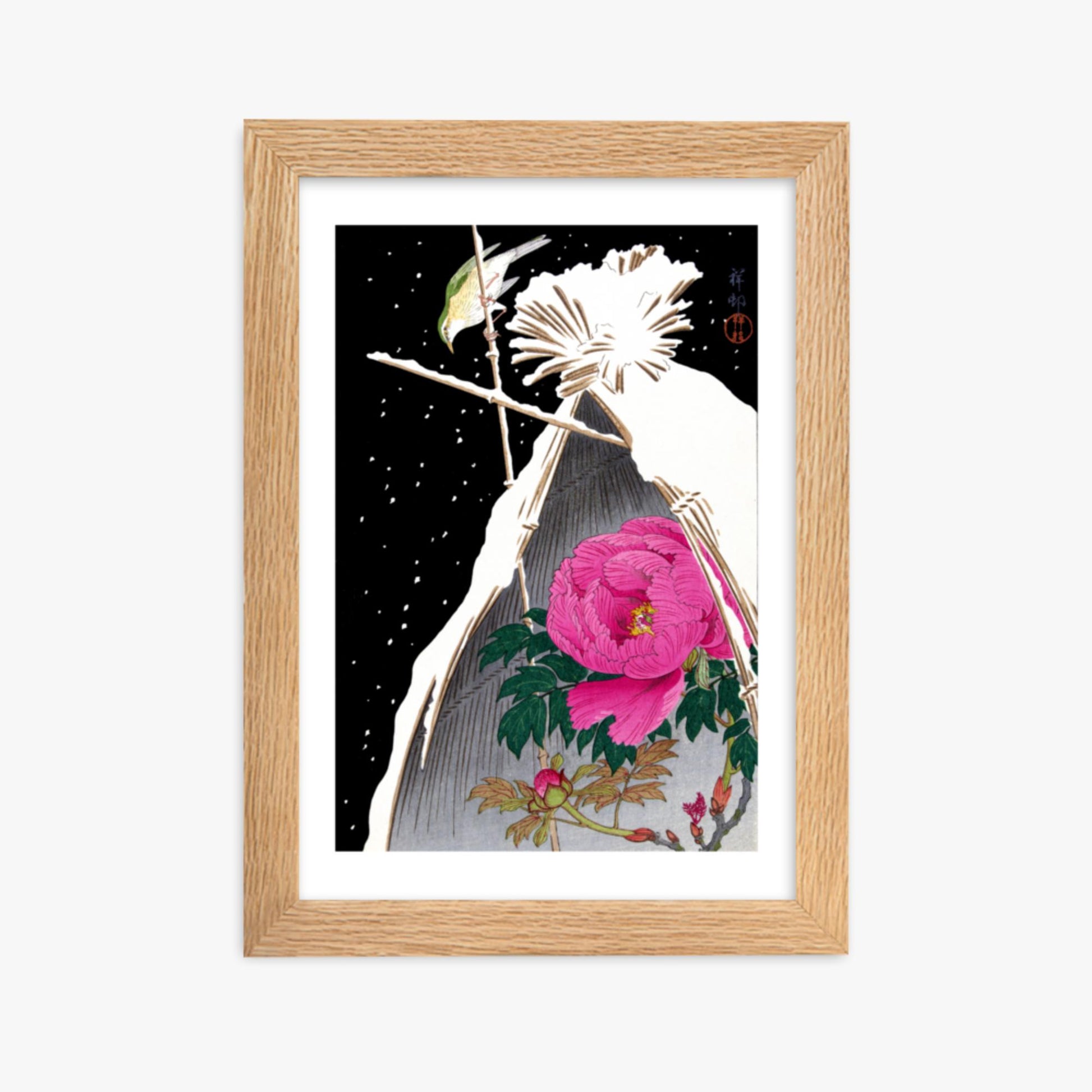 Ohara Koson - Siberian Bluechat Next to a Peony 21x30 cm Poster With Oak Frame