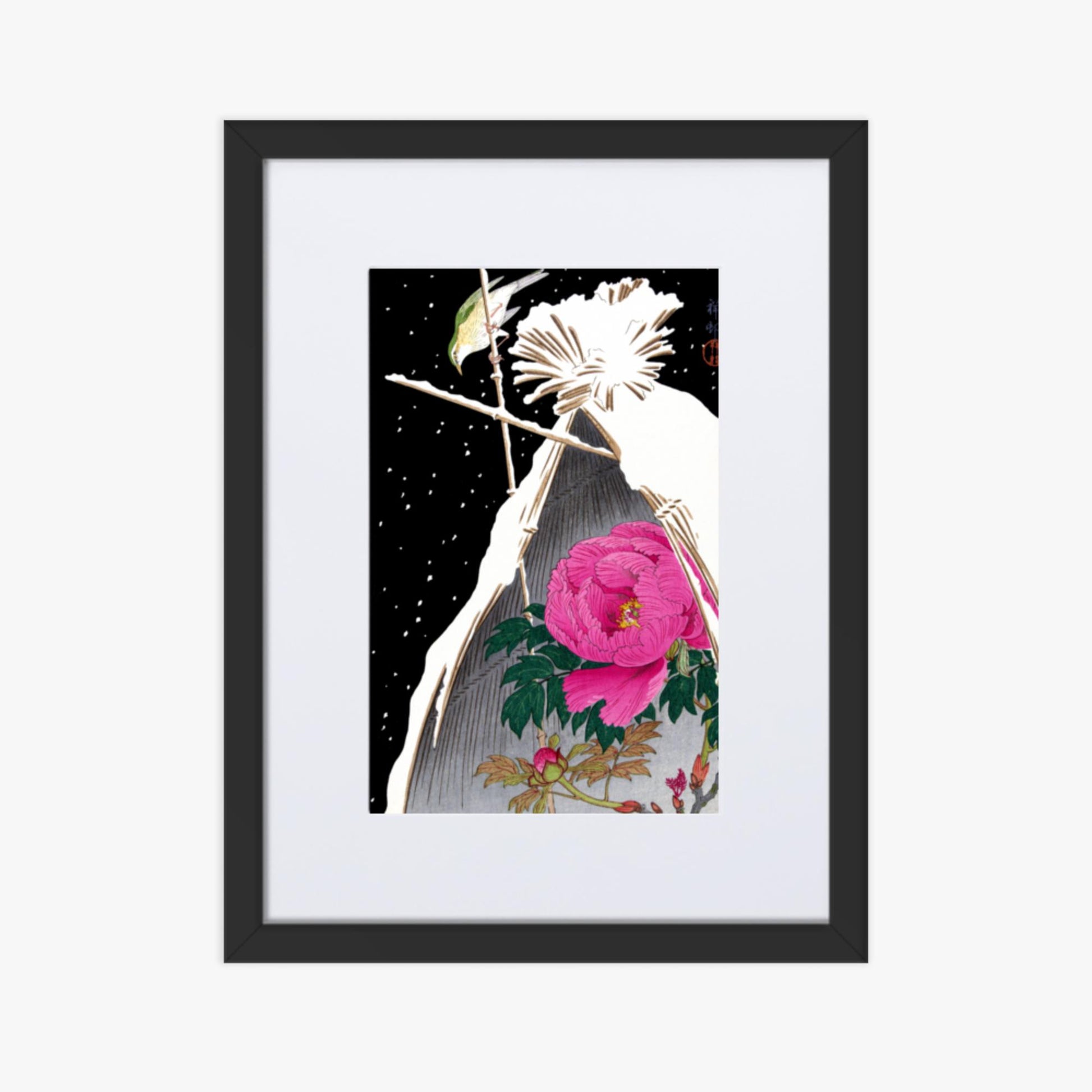 Ohara Koson - Siberian Bluechat Next to a Peony 30x40 cm Poster With Black Frame