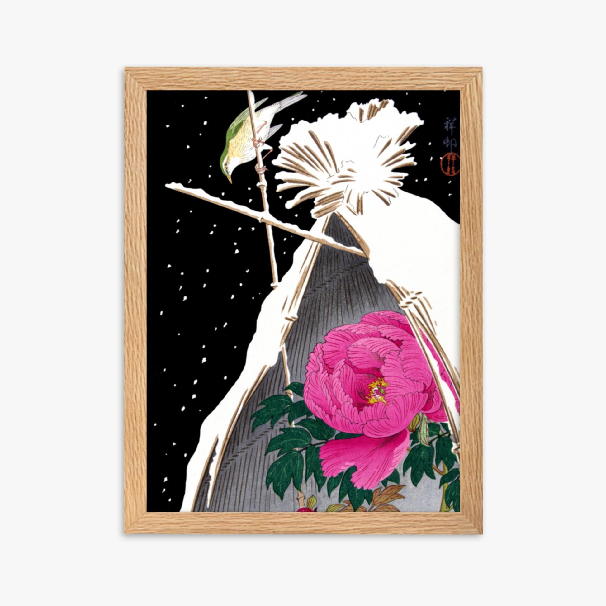 Ohara Koson - Siberian Bluechat Next to a Peony 30x40 cm Poster With Oak Frame