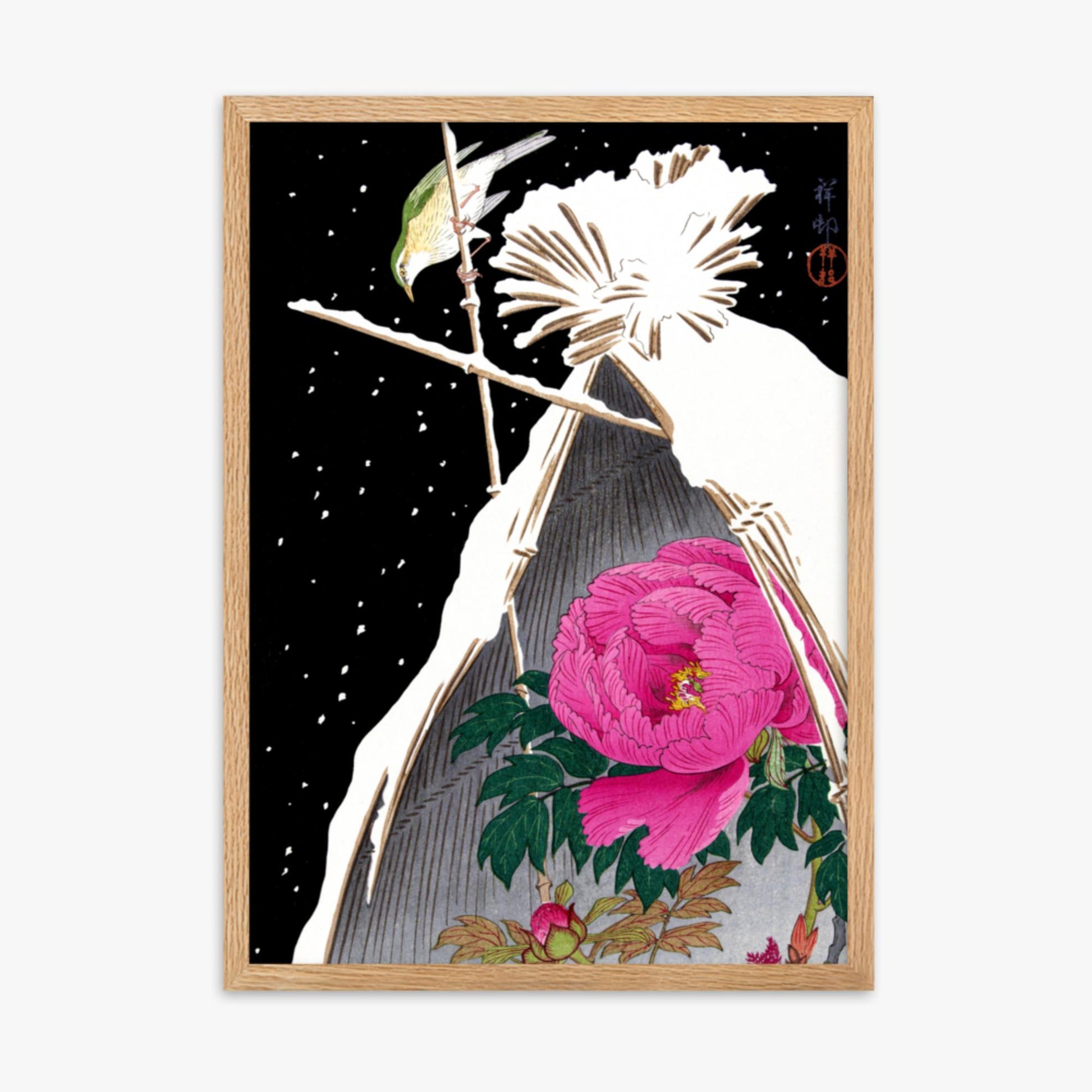 Ohara Koson - Siberian Bluechat Next to a Peony 50x70 cm Poster With Oak Frame