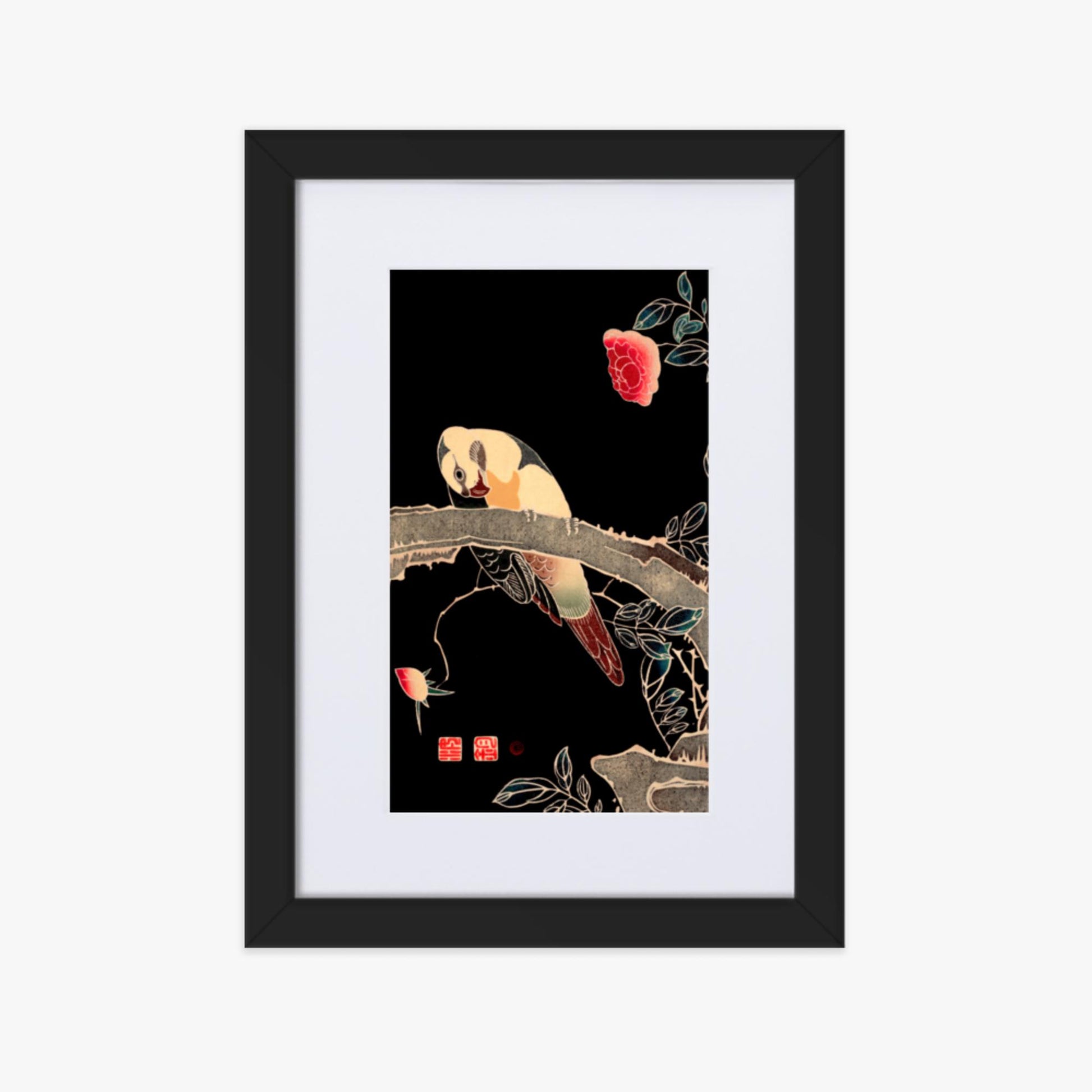 Ito Jakuchu - Parrot on the Branch of a Flowering Rose Bush 21x30 cm Poster With Black Frame