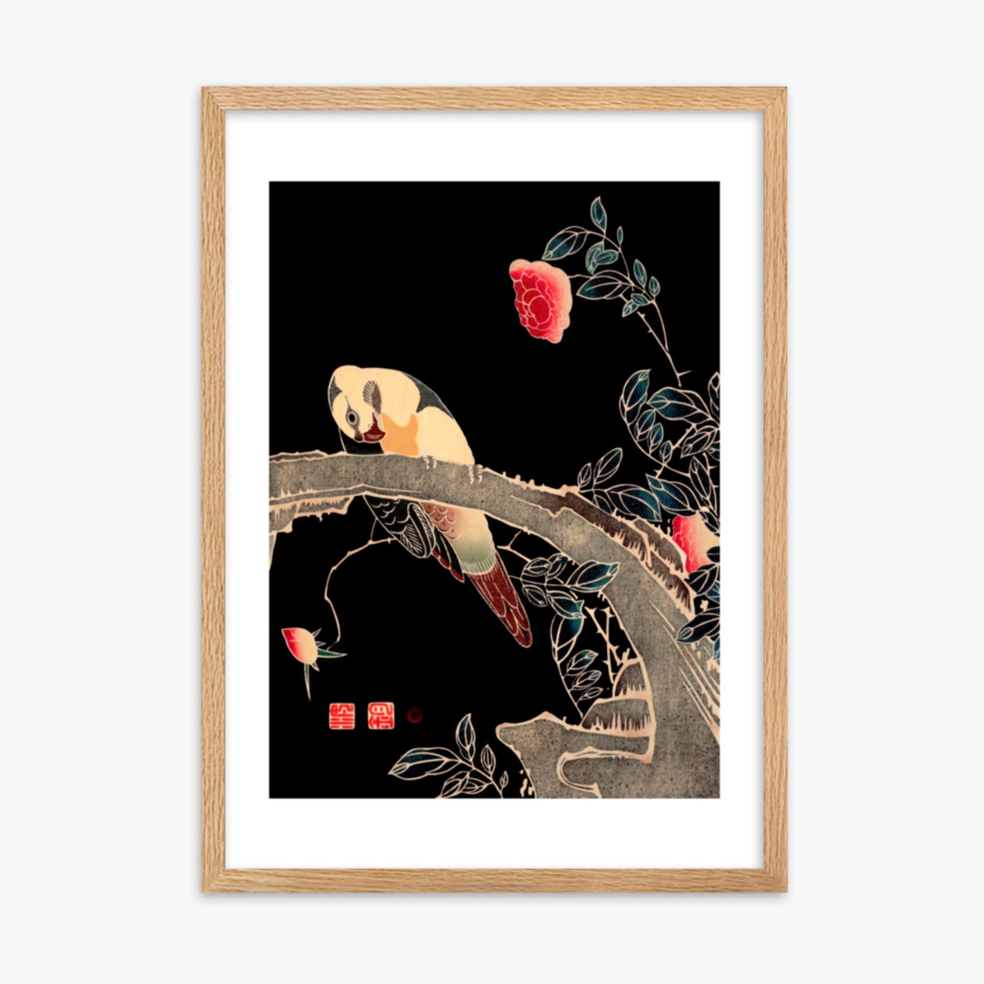 Ito Jakuchu - Parrot on the Branch of a Flowering Rose Bush 50x70 cm Poster With Oak Frame