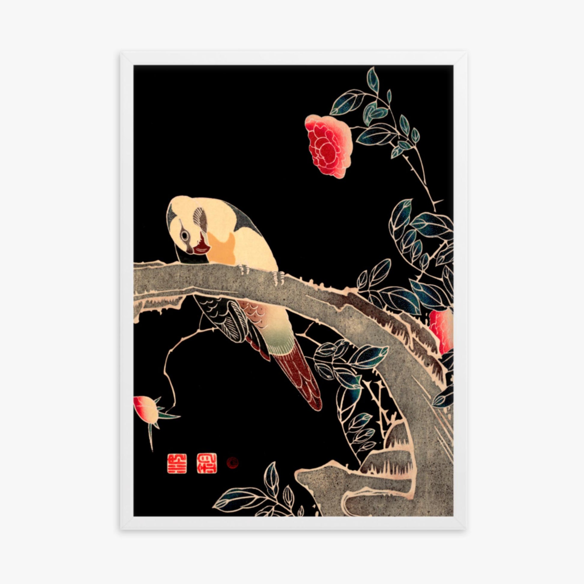 Ito Jakuchu - Parrot on the Branch of a Flowering Rose Bush 50x70 cm Poster With White Frame