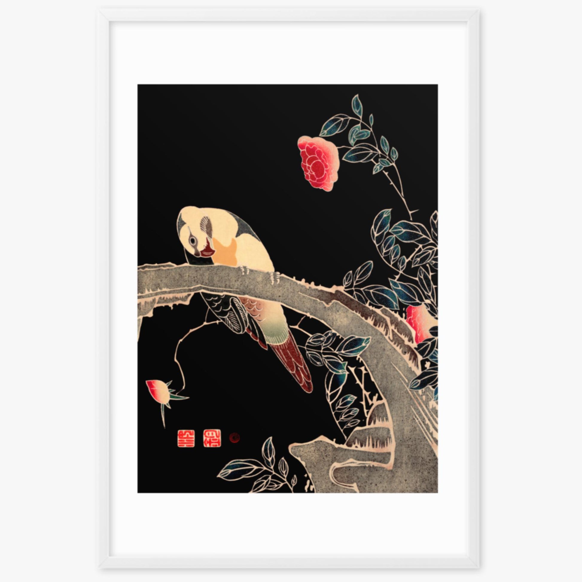 Ito Jakuchu - Parrot on the Branch of a Flowering Rose Bush 61x91 cm Poster With White Frame