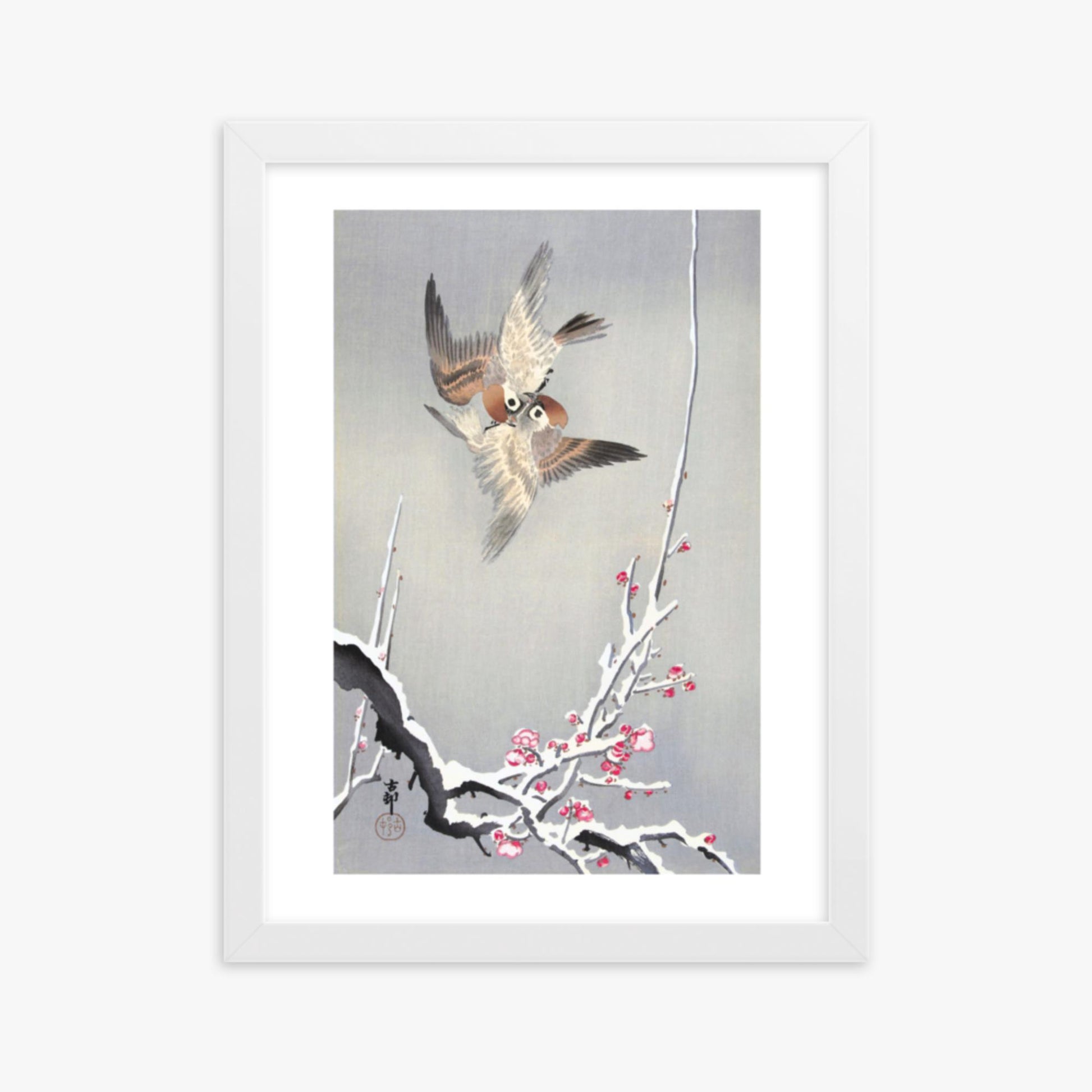 Ohara Koson - Sparrows and Snowy Plum Tree 30x40 cm Poster With White Frame