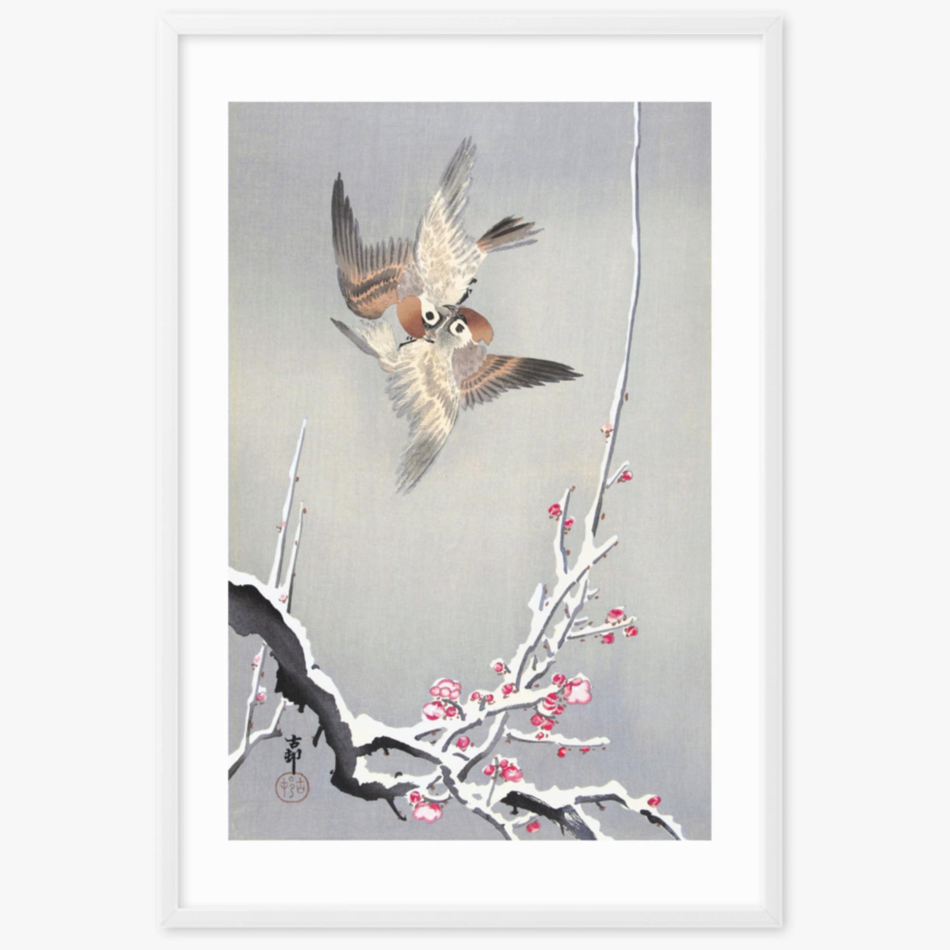 Ohara Koson - Sparrows and Snowy Plum Tree 61x91 cm Poster With White Frame